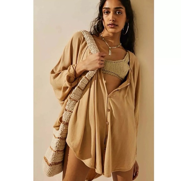 Mono B Tops - Free People What A Statement Oversized Boho Tunic Top Oat Bran Size XL